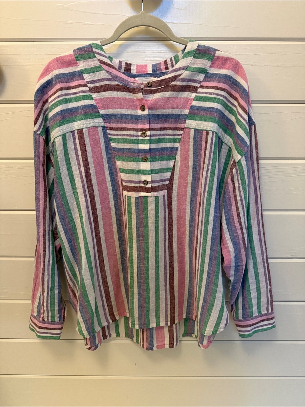 XiRENA Striped Linen Henley Style Pullover in Pink, Green & Purple